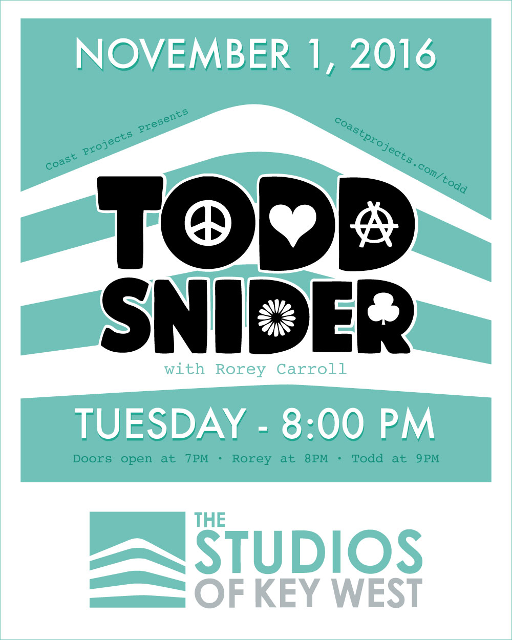 Folk legend Todd Snider takes on Old Town at the newly renovated Studios of Key West Theater for an intimate, seated show in the heart of the historic district. Tickets are general admission and will sell fast.
Rorey Carroll will open at 8:00pm.