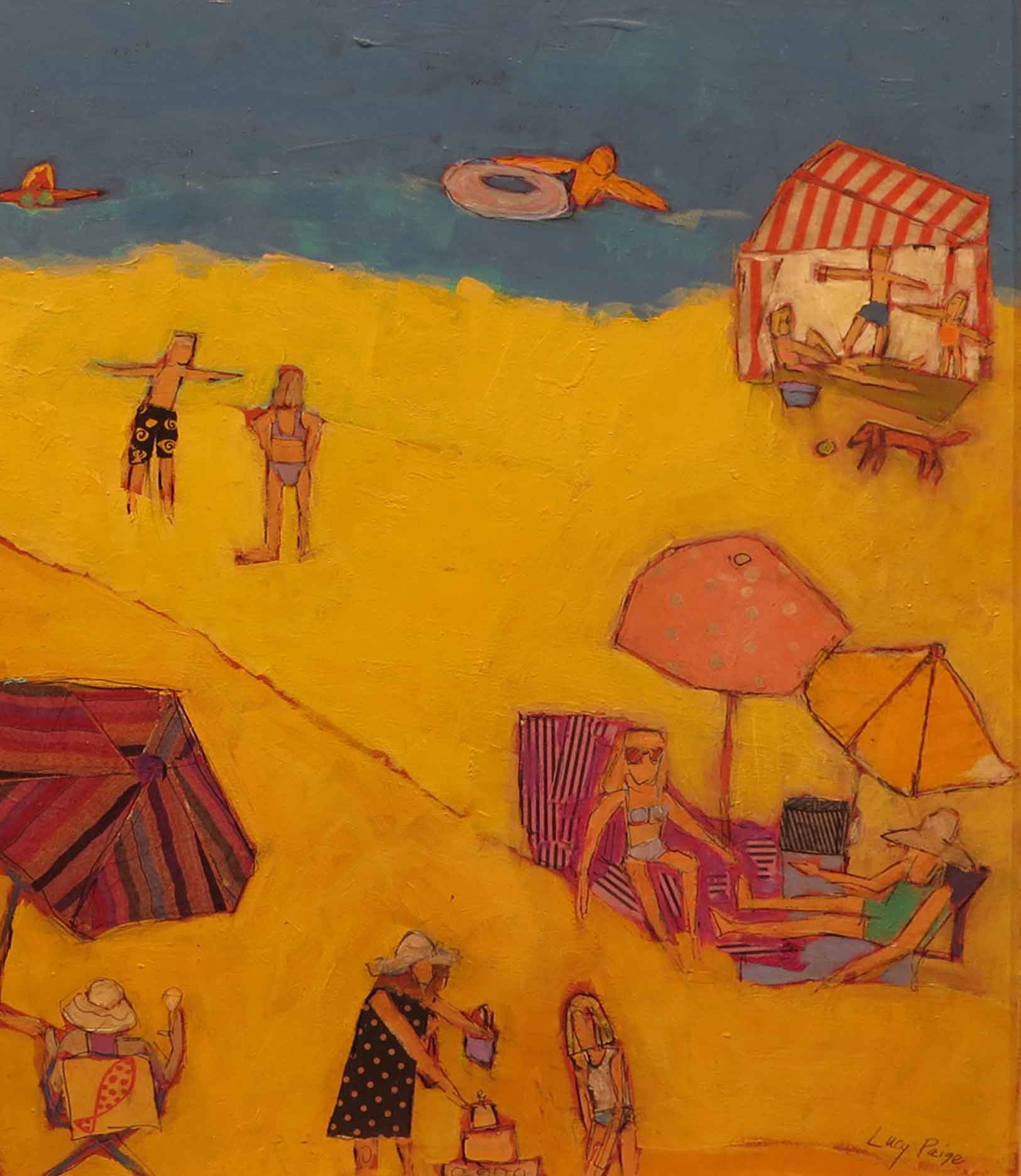 Sunbathers of all shapes and sizes laze in the sun or play in the ocean in Paige’s “Beach Day” series, marking a departure from her previous abstract paintings. Bright, lively and charming, the work is quintessentially tropical but never kitschy.