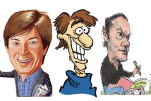 Three caricatures of cartoonists Dave Barry, Mike Peters and Mike Luckovich