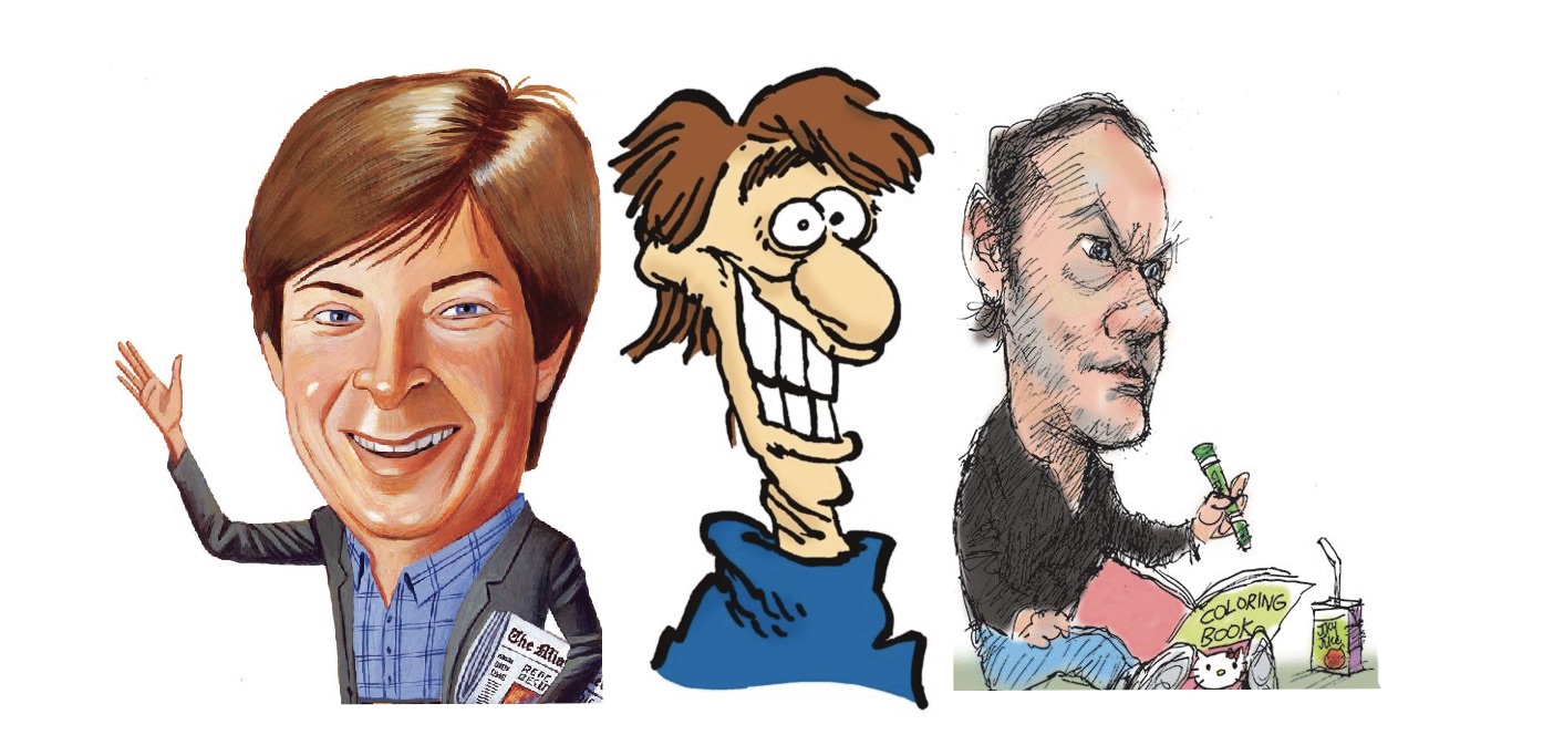 Three caricatures of cartoonists Dave Barry, Mike Peters and Mike Luckovich