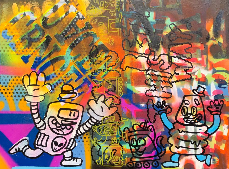Jack McDonald uses spray paint, stencil stylings, and acrylic brush work to create off-the-wall immersive paintings. With graffiti-inspired concepts, the imagery consists of colorful backgrounds, humorous characters, and strange overlaying text. This exhibition is a culmination of 12 years of creative hard work. The WonderDog crew joins in the fun, utilizing the open space in the gallery as a Fantasy Fest workshop, where glitter, tulle feathers, glue, you name it are transformed into costumes and props. 
