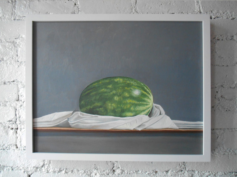 Artwork of a watermelon in a white sheet with a gray background