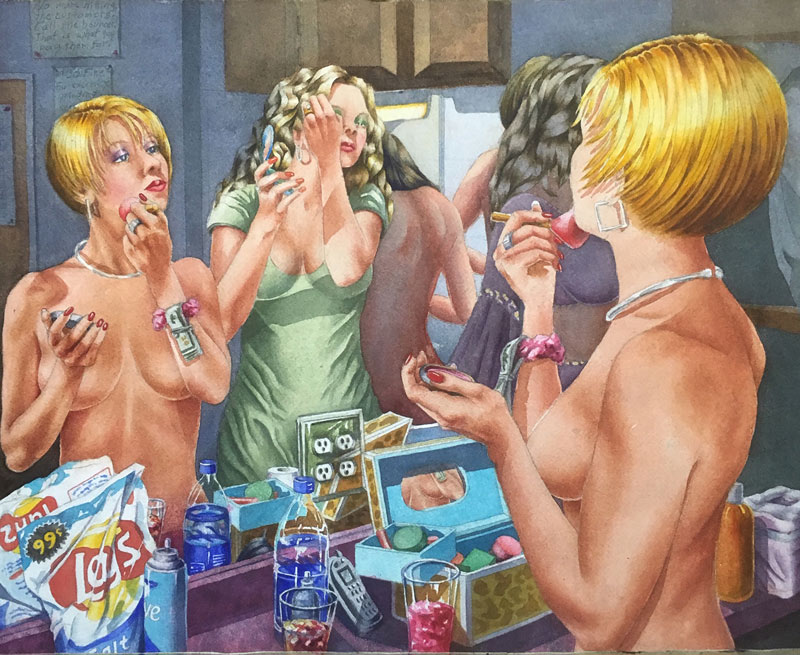 Artwork of two pole dancers in various states of dress applying makeup in a mirror