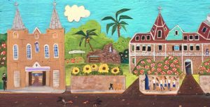 Artwork of buildings on a street by the ocean