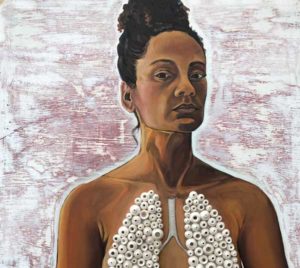 Artwork of a women looking at you with white circles of lungs exposed