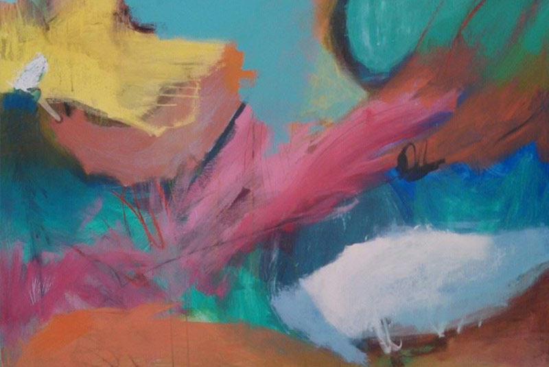 Artwork abstract with teal yellow pink and white