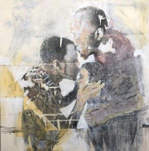 Artwork of one black man kissing another's forehead kissing a child's forehead