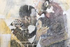 Artwork of one black man kissing another's forehead kissing a child's forehead