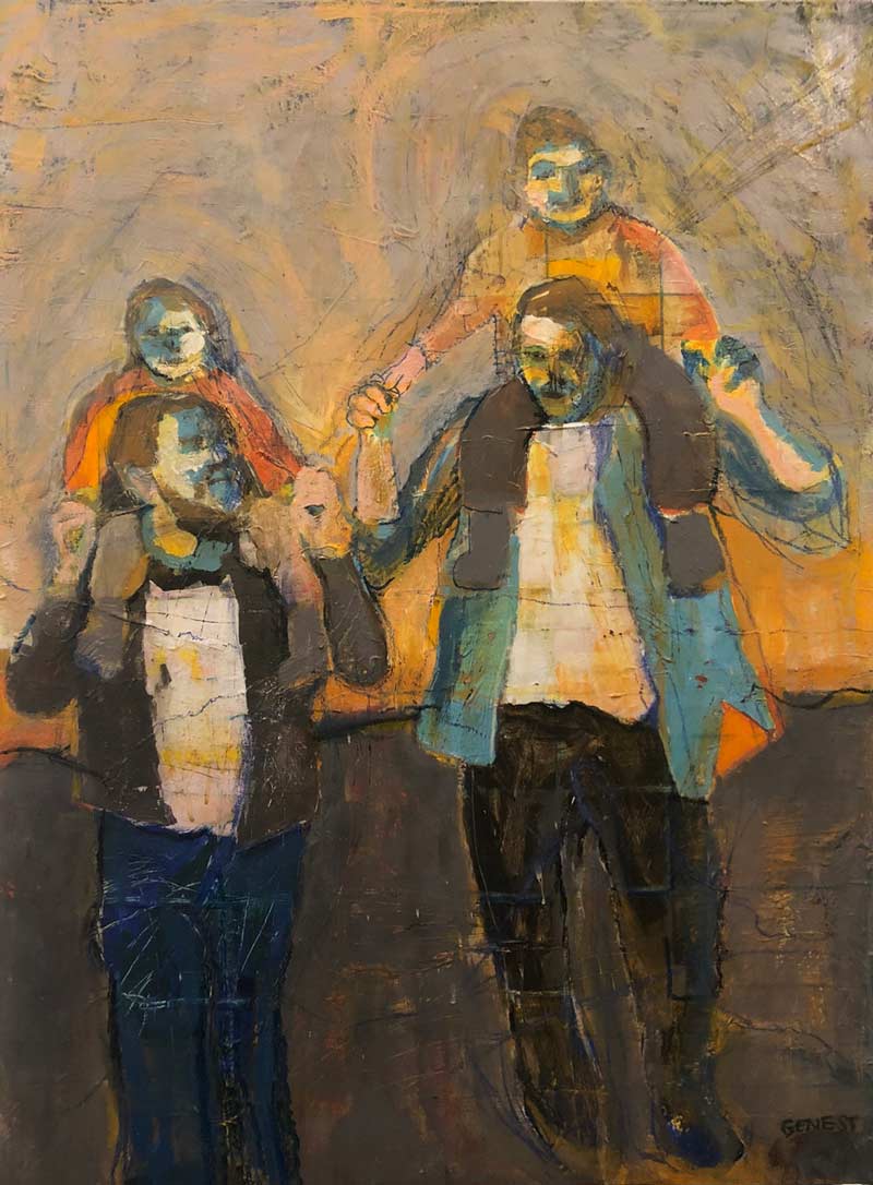 Artwork two men with children in their shoulders walking hand in hand