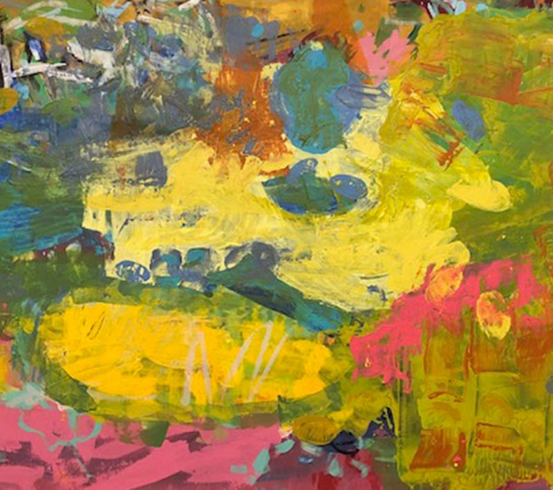 Artwork abstract painting with yellow green and pink