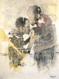 Artwork of one black man kissing another's forehead kissing a child's forehead