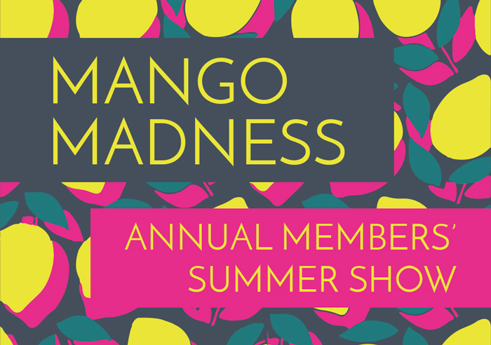 Mangos graphic yellow pink and green, Yellow text Mango Madness Annual Members Summer Show