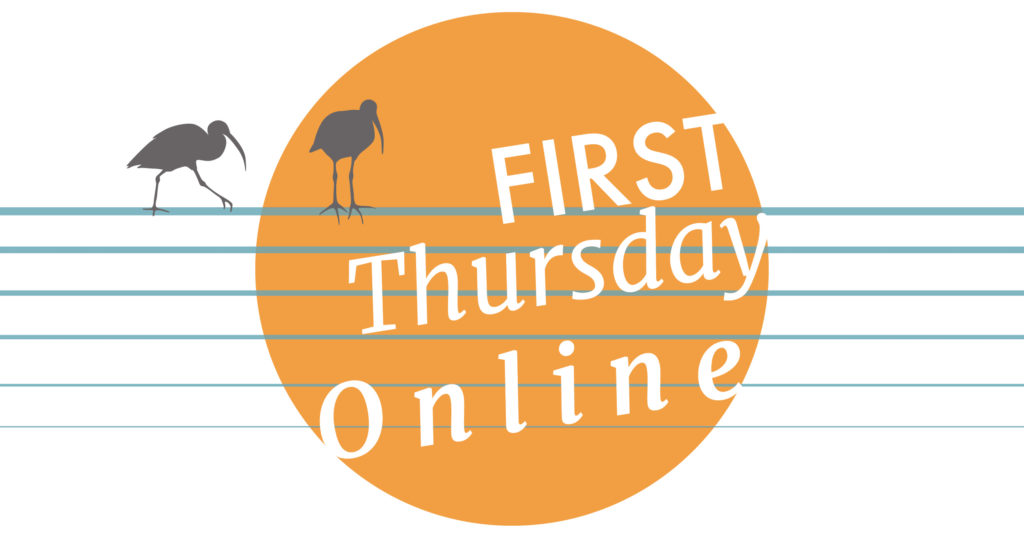 First Thursday Online yellow Circle graphic white letters, bird on a set of wires