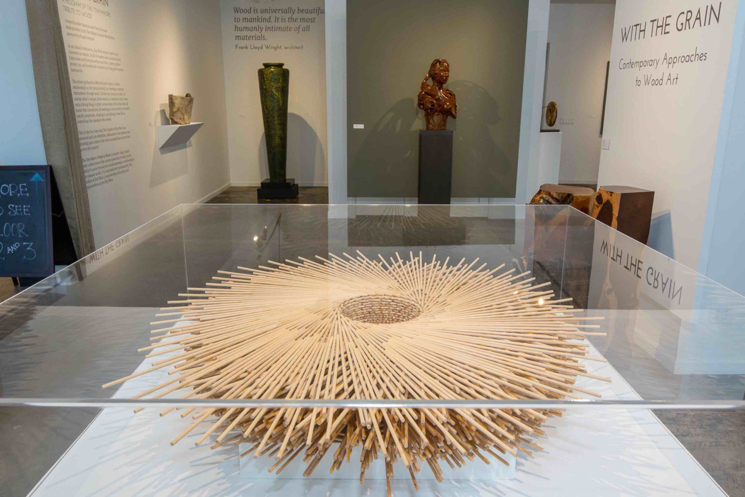 Photograph of the Gallery during the With the Grain exhibition with wood sculptures