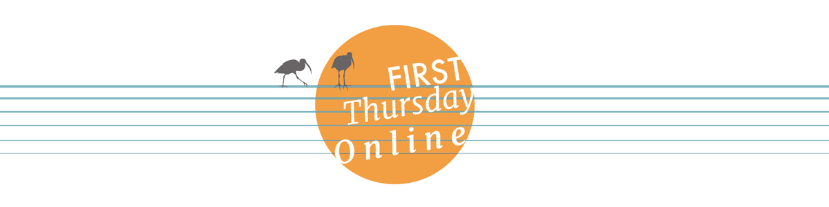 First Thursday Online yellow Circle graphic white letters, bird on a set of wires