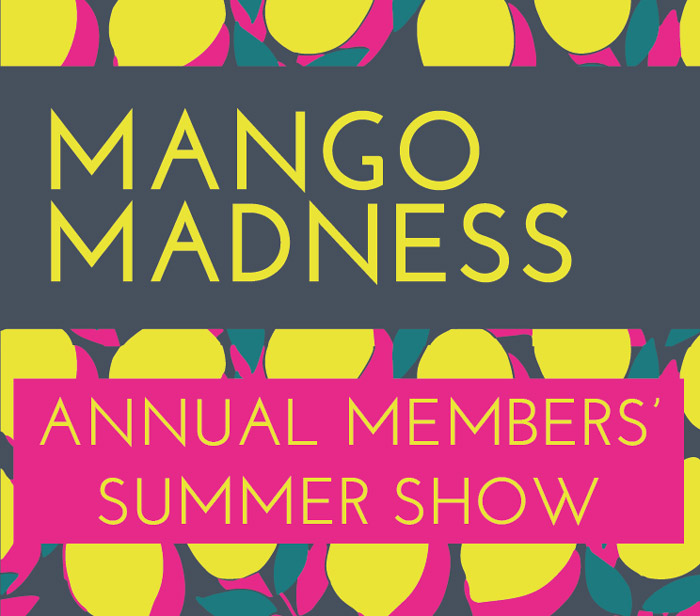 Mangos graphic yellow pink and green, Yellow text Mango Madness Annual Members Summer Show