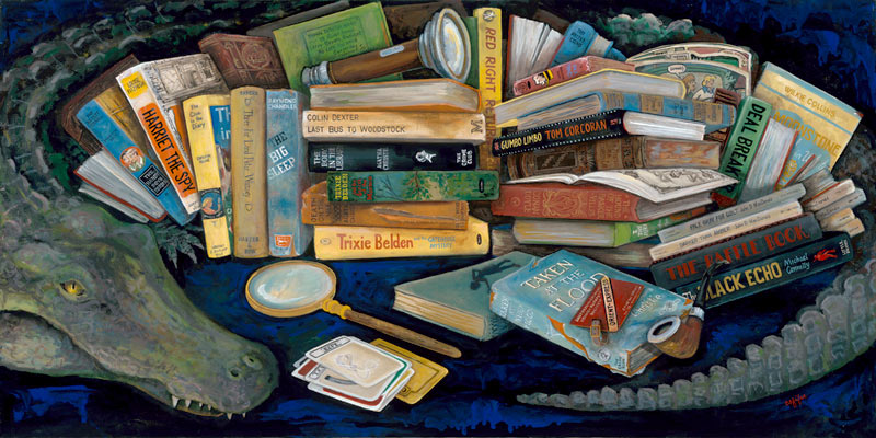 Christine Fifer’s paintings and sculptures revolve around books - their history & their contents - all woven together with puns, puzzles, and didactic intent to both amuse and encourage conversation. Still life paintings of precariously stacked first editions are simultaneously realistic and surreal, prompting extended investigation. Leaping from the canvas, Fifer’s sculptures utilize actual books suffering from wear or neglect that have been repurposed to create playful and thoughtful sculptures in search of their own Renaissance.