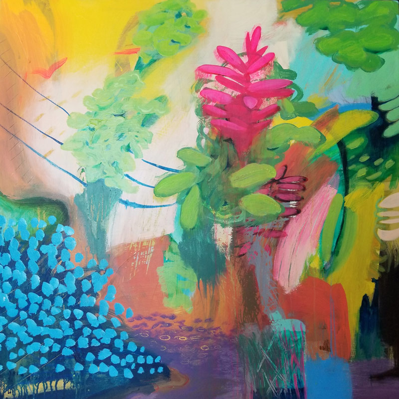 Caldwell’s mixed media paintings capture the exuberance of an island bursting with color: the endless shades of foliage, the magnificent variety of flowers, the aqua-teal-turquoise water, and the billowing sunsets shifting from peach-pink to the blue-purple-indigo of nightfall.