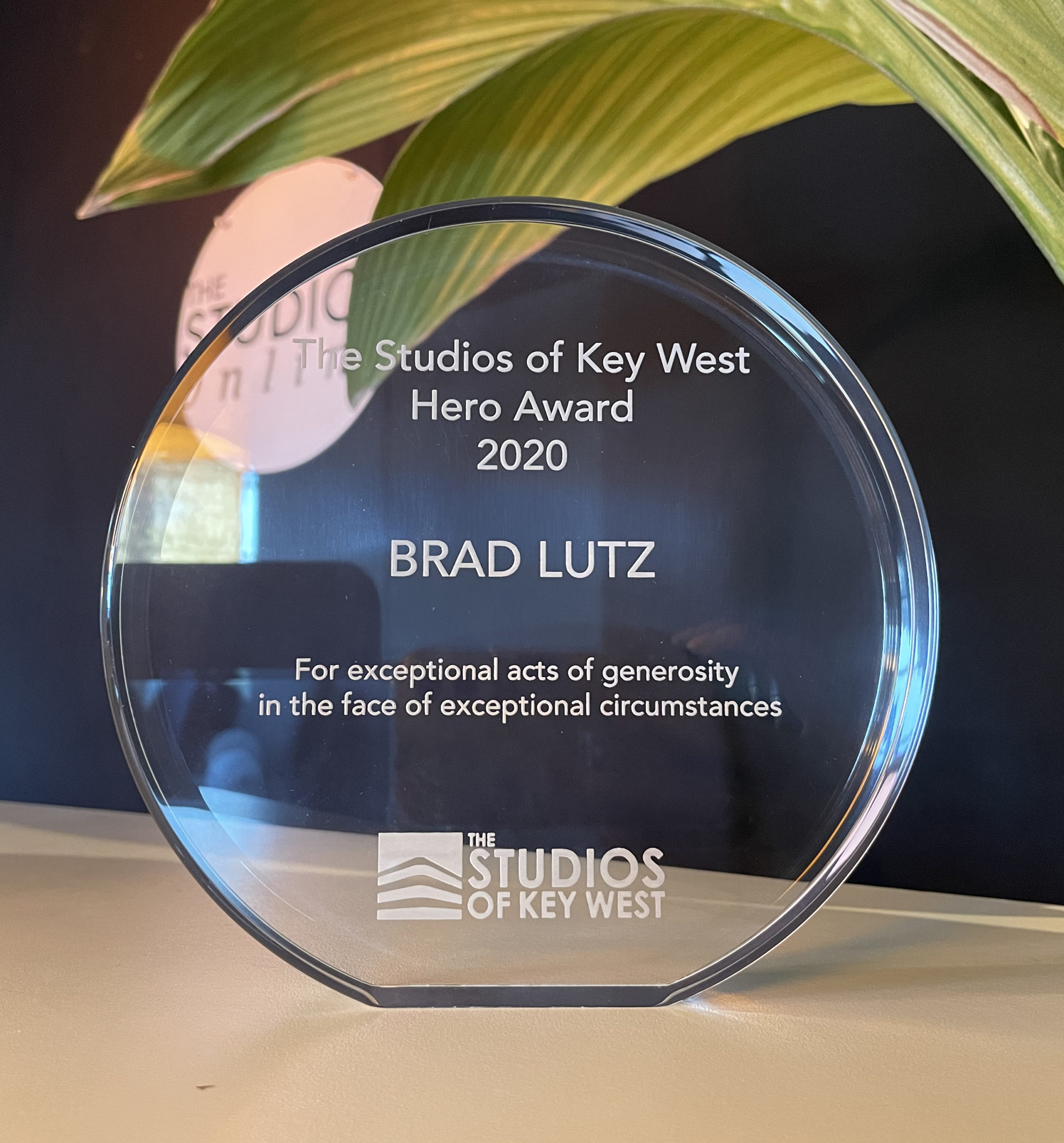 Brad Lutz's award from the Studios of Key West
