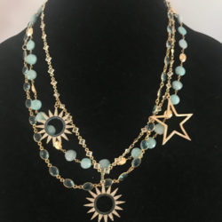 Triple strand necklace featuring a celestial motif, with bezeled blue glass and linked amazonite stones