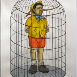 Pinocchio standing with his nose circling around him, creating a cage that he stands inside