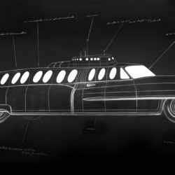 Sketch of black vehicle with the front of a classic car, body and tail of a submarine