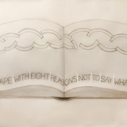 Sketch of an open book with eight broken rings, text: Landscape with eight reasons not to say what I think
