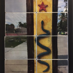 Photo collage of a wooden sign depicting a green snake and a red star