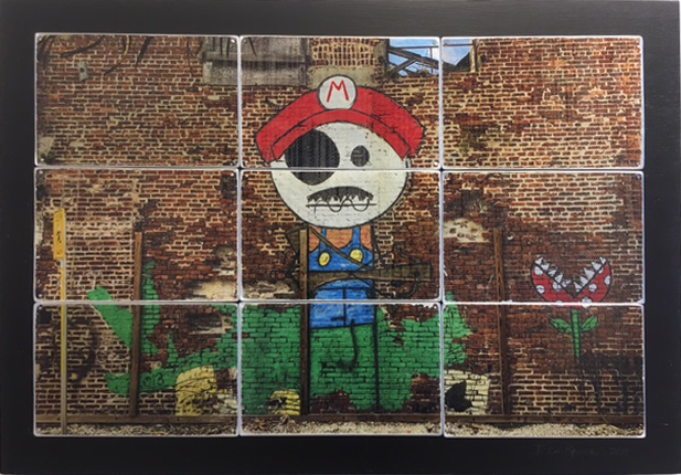 Photo collage of pirate Super Mario mural painted on a brick wall