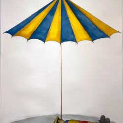 Pinocchio laying on his back, his long nose extending upward into a yellow and blue umbrella