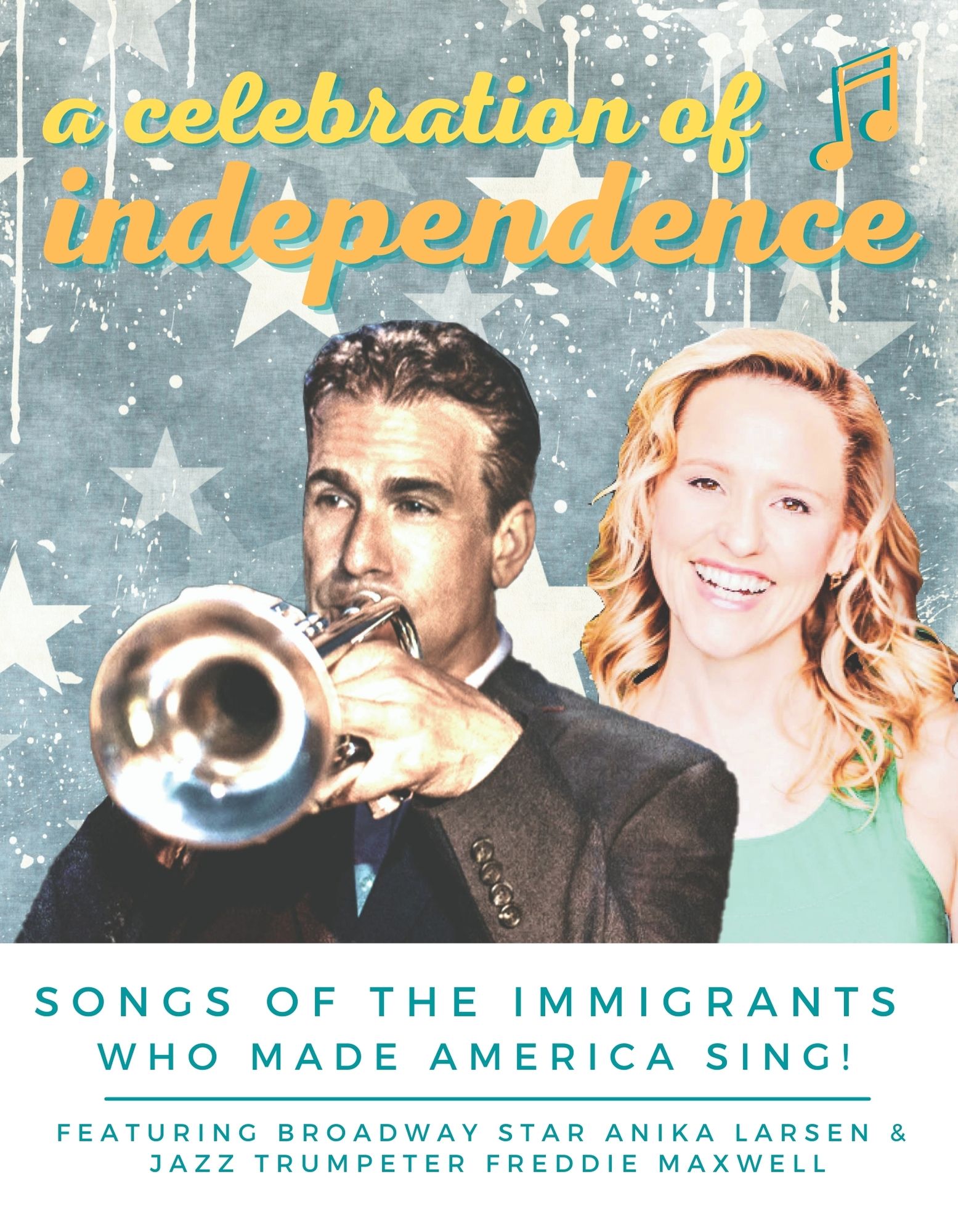 Drama Desk Winner & Tony-nominee Broadway star ANIKA LARSEN (Beautiful: The Carole King Musical, Avenue Q, Xanadu, Rent, All Shook Up) & trumpeter FREDDIE MAXWELL (Larsen/Maxwell Quintet) team up for a concert of jazz, pop, Latin and Broadway tunes to mark to celebrate the creative spirit of the immigrants who created American music and benefit the programs of The Studios of Key West.