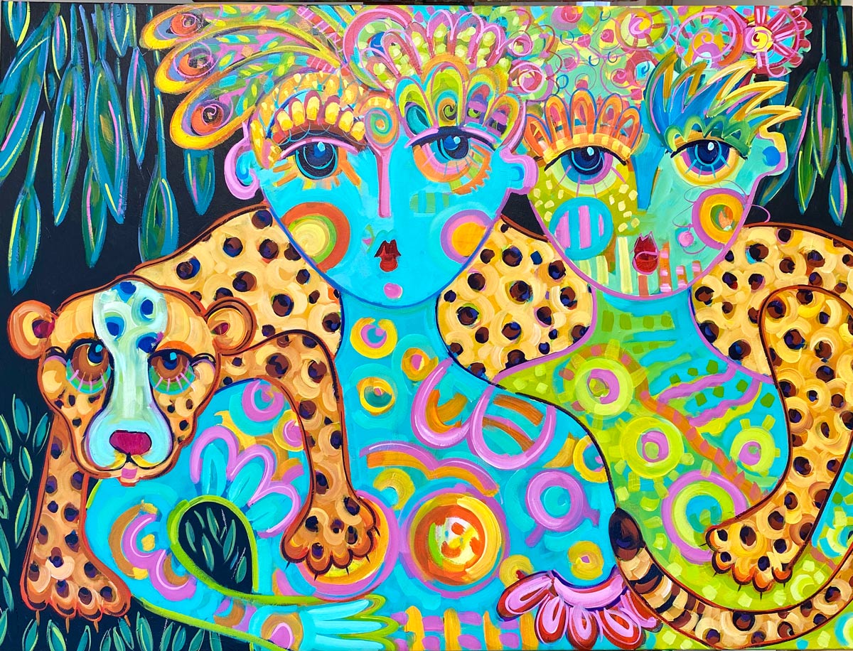 Maggy Ruley art 2 women and leopard brightly colored portrait