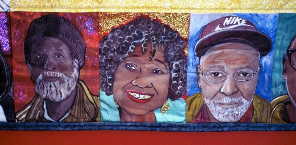 fabric quilt three painted portraits elderly black folk promo William Rhodes Goombay Quilt workshop