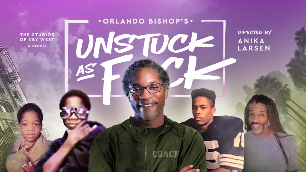 white text Getting unstuck on photo of screen writer one-man show Orlando Bishop