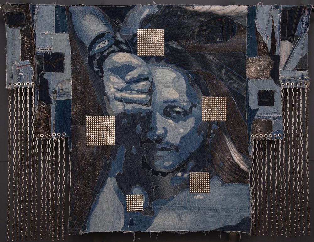 Art by Aaron Cobbett, painted portrait of blue man with metal chains attached