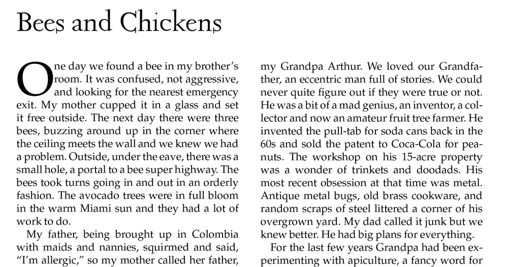 Black text excerpt of "Bees and Chickens" by writer Julie Garces