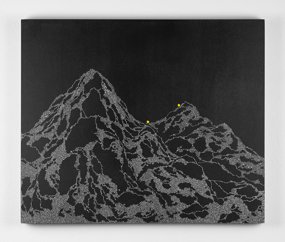 art, two mountains in silver on black brackground by Artist in Residence Kate Snow of