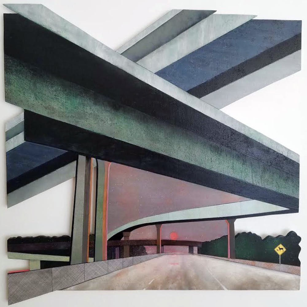 Assemblage multi-colored art by Lisa Watson depicting highway with overpasses