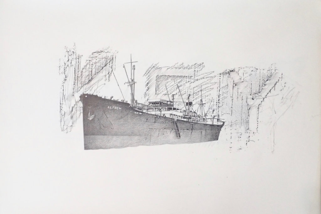 In her recent works on paper, Tyler Buckheim Trosset reaches across time to touch the past, combining the tactility of rubbings from liquor bottles and monuments with tightly rendered graphite drawings based on historic photos of fishing boats and discarded military ID’s.