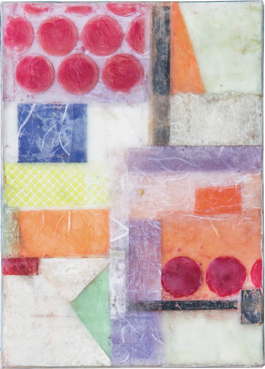 image of encaustic collage with red, yellow, blue, purple, green, black, white geometric shapes