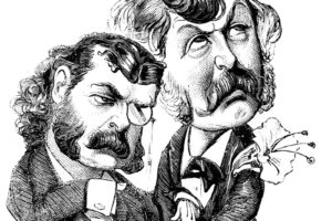 Black and white caraciture drawing of Gilbert and Sullivan