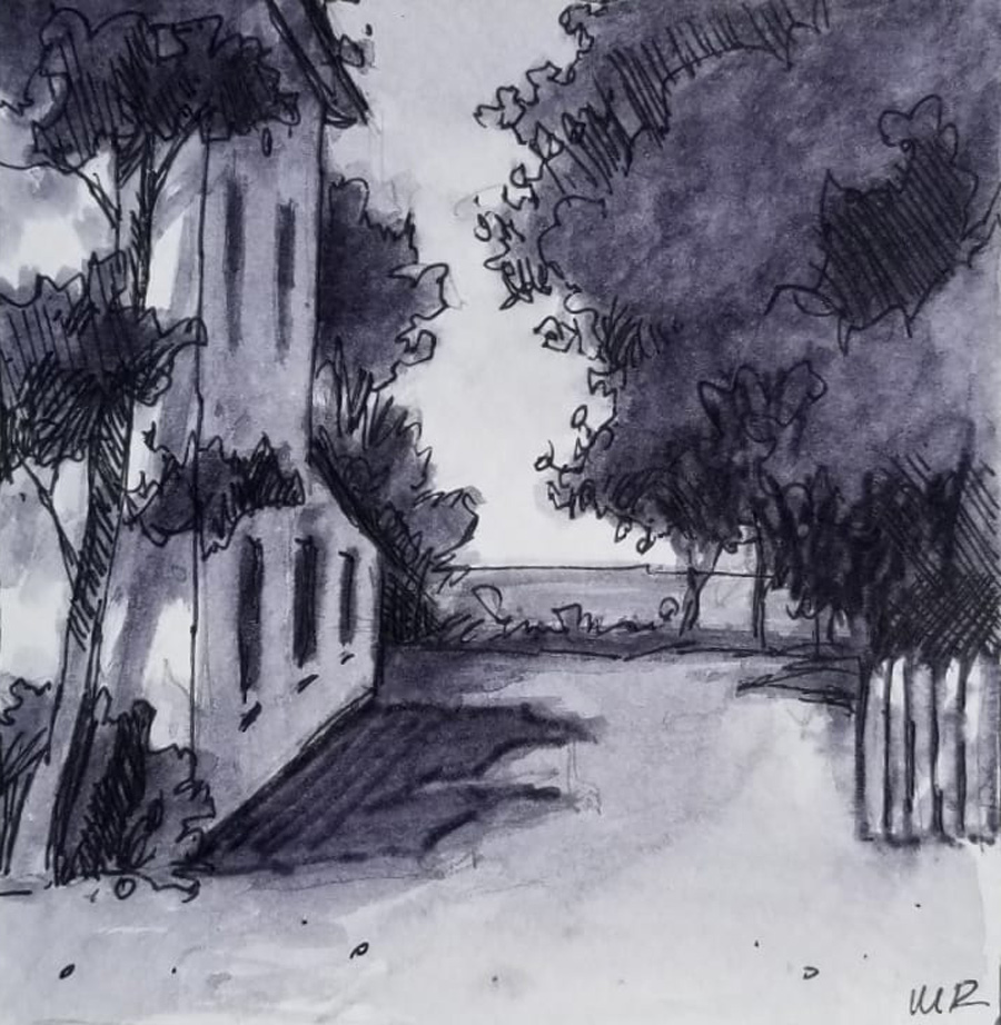 Mike Rooney black and white ink drawing of building and trees