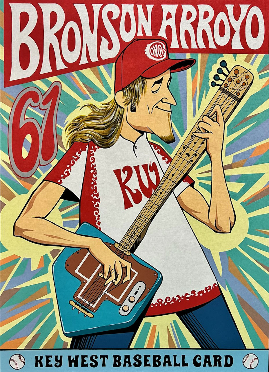 Drawing of Bronson Arroyo playing guitar. Key West Baseball Card in black letters again blue background at bottom.