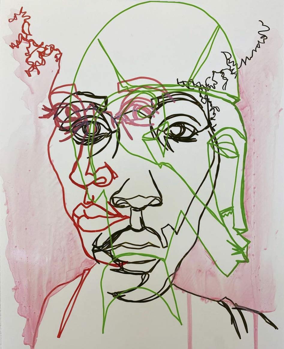 Continuous line self-portrait in red, black and green by Ernest Shaw artist in residence