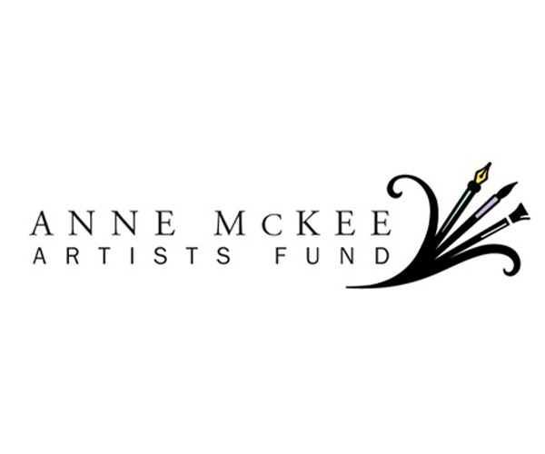 Anne McKee Artists Fund in black letters on white background with paintbrushes