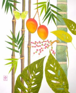 A painting of bamboo trees, a butterfly, a gecko and leaves on a white backgroumd