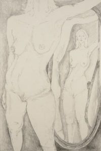 Sketch of the front of a naked woman standing in front of a mirror, with her reflection also facing forward