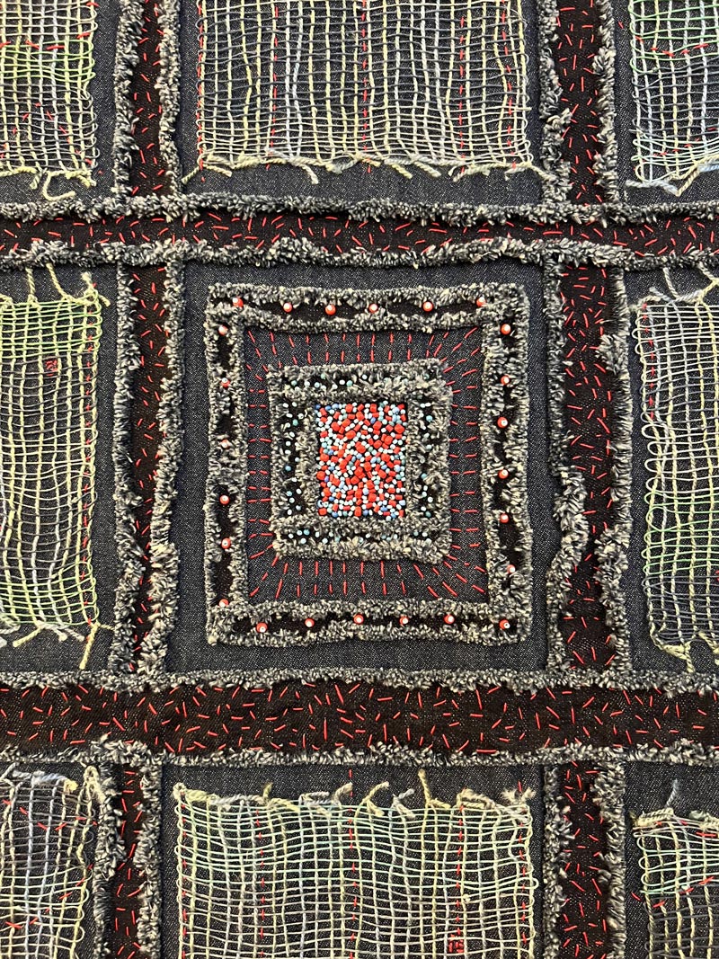 Vogel’s fiber art serves as a reflection of and response to her natural world, finding deeper meaning in basic shapes through mindful slow stitching and beading. Each piece celebrates the beautifully unusual arrangements designed by nature.