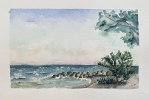 This past June and July, two groups of watercolor enthusiasts met at the beach, just before sunset, with paints, brushes and open imaginations. A selection of student watercolors will be shown alongside one of Susan’s own.