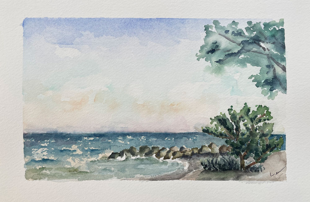 This past June and July, two groups of watercolor enthusiasts met at the beach, just before sunset, with paints, brushes and open imaginations. A selection of student watercolors will be shown alongside one of Susan’s own.